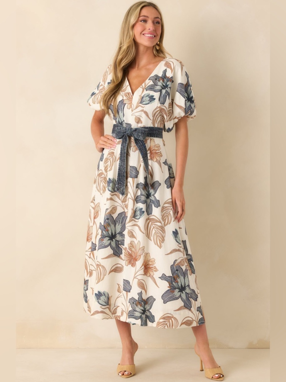 Aylaya Ivory Multi Floral Print Linen Blend Sorrento Maxi Dress